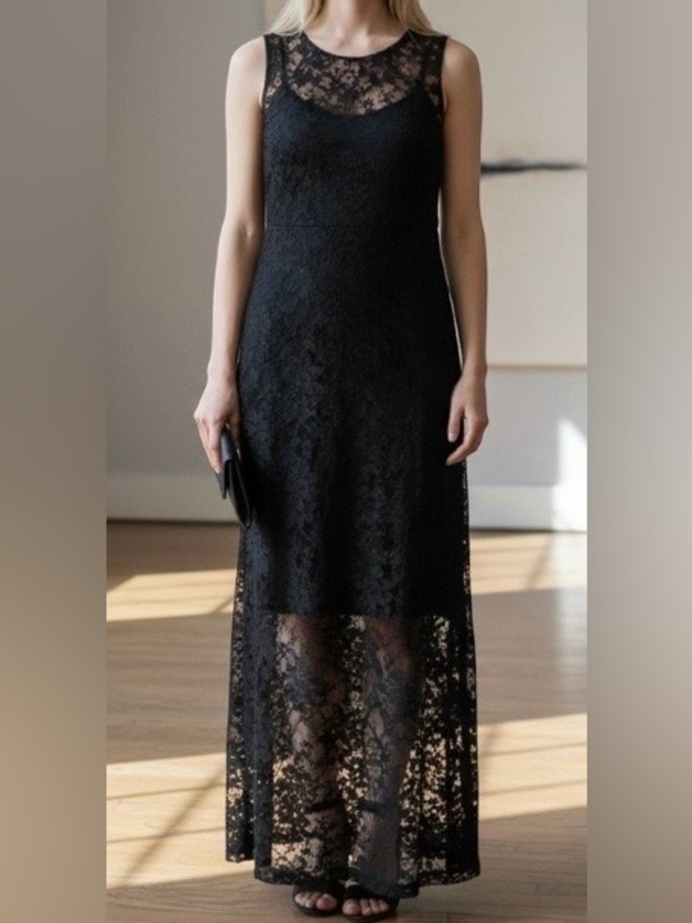 Tommy Bahama Black Lace Overlay Sleeveless Maxi Dress, Size Medium